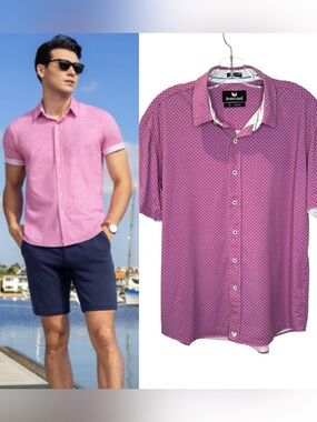 Buttercloth ICY COTTON polo Shirt in‎ Magenta w  micro blue Geo Print XL Slim